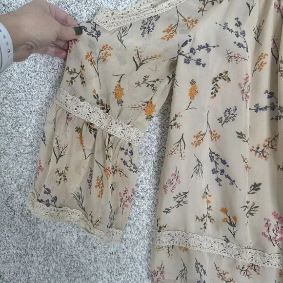 Rebecca Minkoff XS Floral Print Sheer Cold Shoulder Bell Sleeve Blouse Top - Picture 2 of 11